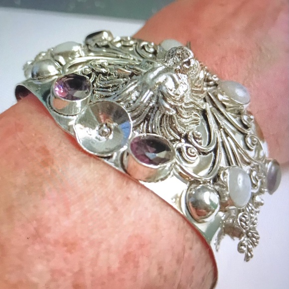 Moonstone Amethyst 925 Sterling Silver Cuff Bracelet - Picture 3 of 4